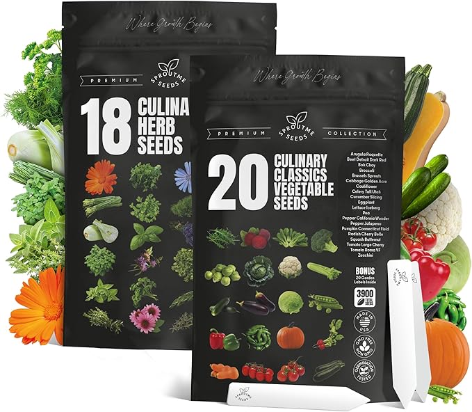 18 Culinary Herb & 20 Vegetable Seeds Variety Pack Bundle 8000+ Non-GMO Heirloom Garden Seeds for Planting Lettuce, Greens, Herbs, Vegetables