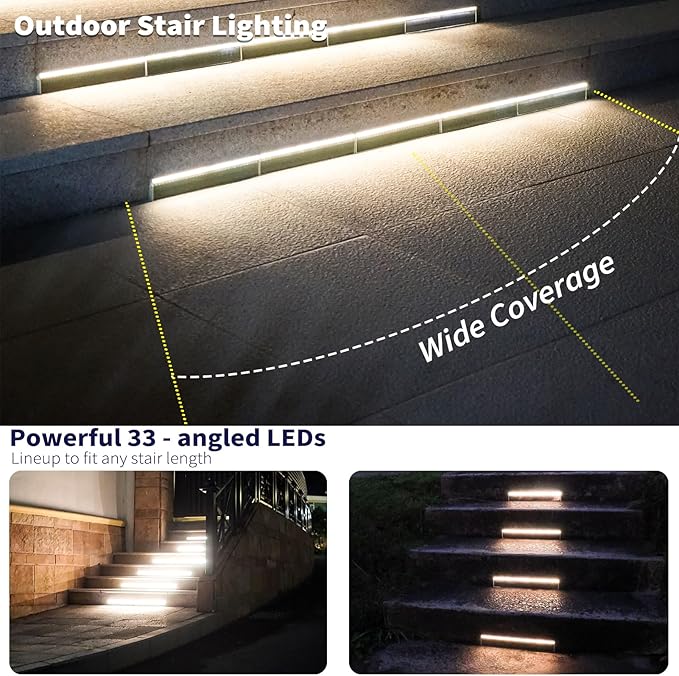 SHONELIGHTING Solar Step Lights for Outside, 33 Focused-Beam High-Brightness LEDs, Waterproof Aluminum Outdoor Stair Light for Risers, Curbsides, Poolsides, Planter Edges (Warm White, 8Pack)