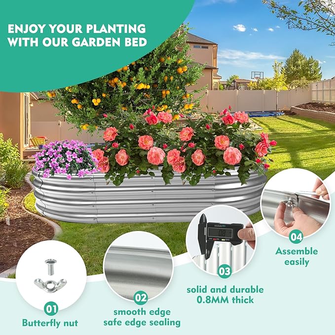 YSEJOMP 6X3X1 FT Oval Galvanized Metal Garden Raised Bed/Plant Box for Planting,36 Inches Diameter Iron Fire Pit Ring,Small Animal Fence-3 in 1 Modular Design in Black (Silver, 72X36X11.5 Inches)