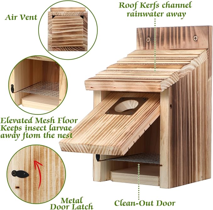 Dreyoo Cedar Bluebird Houses for Outside, 1-1/2” Entrance Hole Wooden Bird Houses with Metal Predator Guard, Secure Latch, Fledgling Grooves, Air Vents(Dark Wood)
