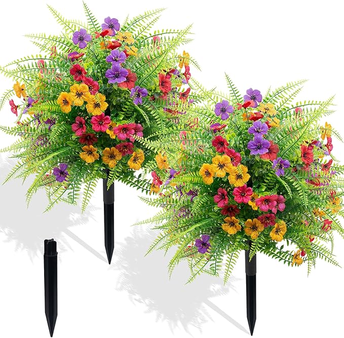 2 Pack Artificial Boxwood Topiary Ball Trees with Colorful Flowers for Outdoor - 23" UV Resistant Artificial Outdoor Shrubs Fake Bushes with Ground Spike for Front Porch Patio Garden Yard - Daisy&Fern