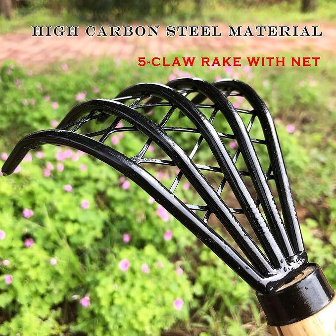 SHANFEEK Garden Rake 5-Claw Landscape Dethatcher Thatching Beach Combing Rake for Digging Clam Shell Defoliation Hoe Garden Tool for Loosen The Soil (Orange)