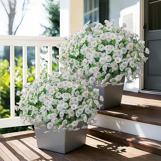 Ivydale 24 Bundles Artificial Flowers for Outdoors Spring Outside Decoration, Faux Silk Petunias White Fake Flowers Bulk Realistic UV Resistant Plants for Outdoor Planters Porch Patio Garden Yard Home