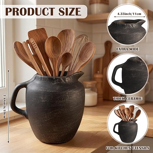 Potchen Rustic Kitchen Utensil Holder with Handle,7.48" H Ceramic Vintage Utensil Crock for Countertop, Farmhouse Kitchen Decoration Ceramic Pot for Spatulas Spoons Tongs(Novelty,Antique Black Gold)