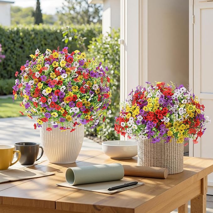 SHareconn 24 Bundles Artificial Flowers for Outdoors Decoration, Faux Plants Fake Silk Colorful Daisy Eucalyptus Lavender, UV Resistant for Outside Home Porch Indoor Spring Decor, RedPurpleYellowWhite