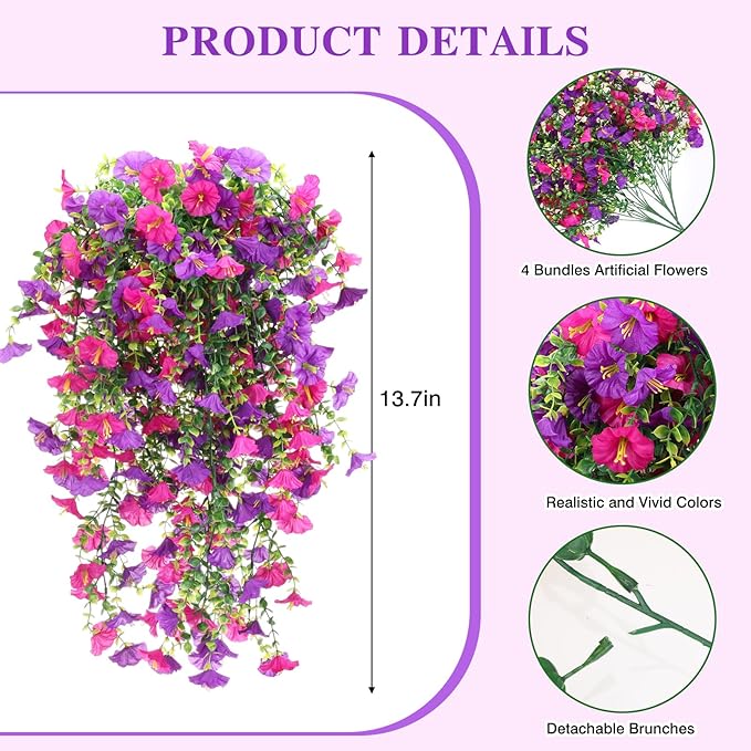 CEWOR 4pcs Artificial Hanging Plants for Outdoor, Fake Flowers Faux Silk Morning Glory with Eucalyptus, UV Resistant Realistic Faux Flower Greenery for Outside Indoor Home Porch Patio Decor, Purple