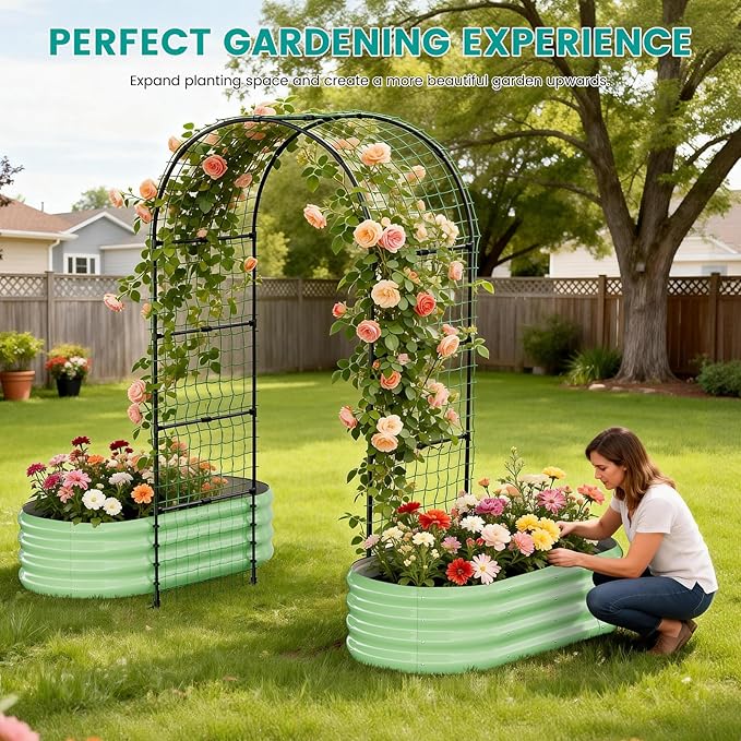 SUNYRISY Galvanized Raised Garden Bed with 87" H Arch Trellis for Climbing Plants Outdoor, Metal Planter Box with Netting for Gardening Flowers Vegetables Fruit Herb, Green