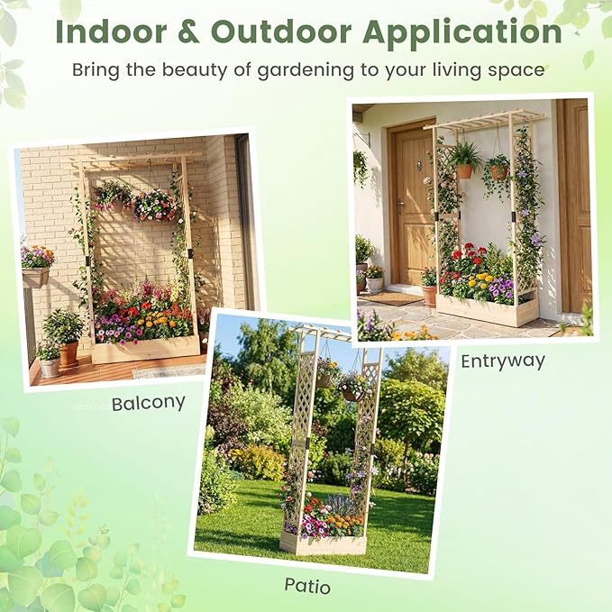 BECOMFORT Raised Garden Bed with Trellis & Hanging Roof, 89" Tall Fir Wood Planter Box with Drainage Holes, Outdoor Elevated Garden Planter for Climbing Vines, Perfect for Patio, Lawn & Backyard