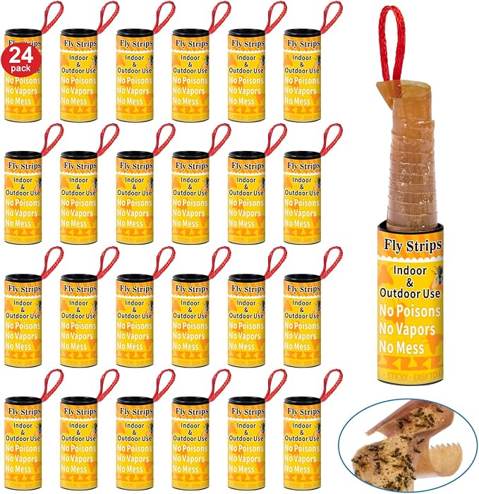 Fly Strips Trap Indoor Sticky Hanging, 24 Pack Fly Paper Traps Outdoor, Flies Tape Paper Ribbon Rolls for Home Kitchen, Fruit & Bug Gnat Catchers for Inside, Killer for Winged Insect