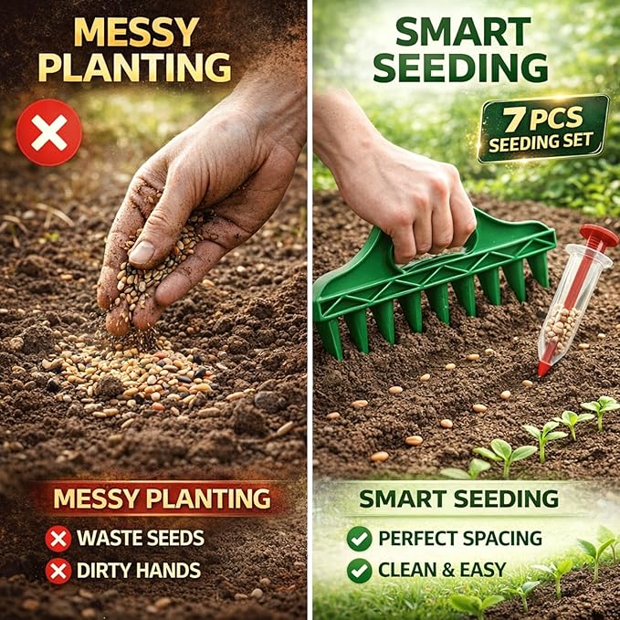 Drawpro 12-Hole Digger Seed Spreader,7 Piece Sowing Seeds Dispenser Set,Mini Seed Dispenser for Small Seeds, Handheld Seed Planter Tool Seed Dibber Multifunctional Spacer Gardening Tools (Green)