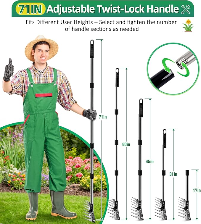 Iron Weed Rake with 71" Adjustable Long Handle, 8 Teeth Manual Weed Remover Tool Heavy Duty Garden Weed Puller with Gloves for Yard, Lawn, Garden