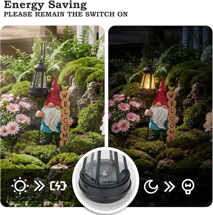 PETAFLOP Solar Garden Gnome Statue Decor with Welcome Sign, Funny Gnomes Figurine for Yard Patio Balcony Outdoor Decorations, Mother's Day Birthday Housewarming Gifts for Mom Grandma