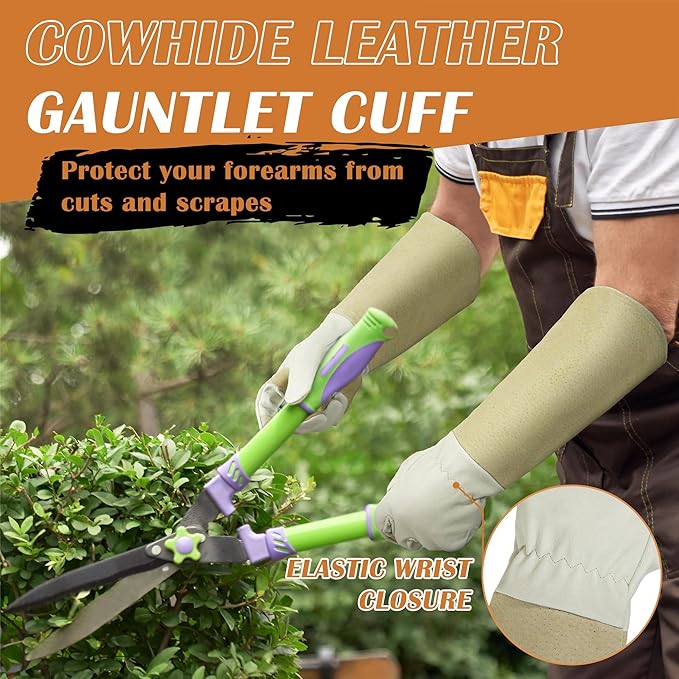 HANDLANDY Pruning Gloves Long for Men & Women, Pigskin Leather Rose Gardening Gloves- Breathable & Durability Gauntlet Glove