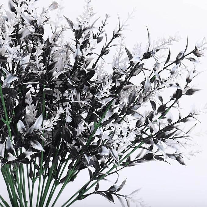 RECUTMS Black Flower,Black Fake Plants Decor,20 Bundles Artificial Flowers Fake Outdoor Plants Faux UV Resistant Lavender Flower Plastic Shrubs Indoor Outside Hanging Decorations (Black+White)