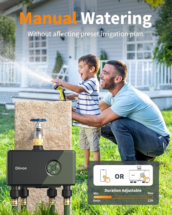 Diivoo 4 Zone WiFi Water Timer with Brass Inlet, Smart Hose Sprinkler Timer 4 Outlets Compatible with Alexa/Google Assistant, 24 Irrigation Plans, Rain Delay & Mist Mode for Garden Lawns (2.4GHz Only)