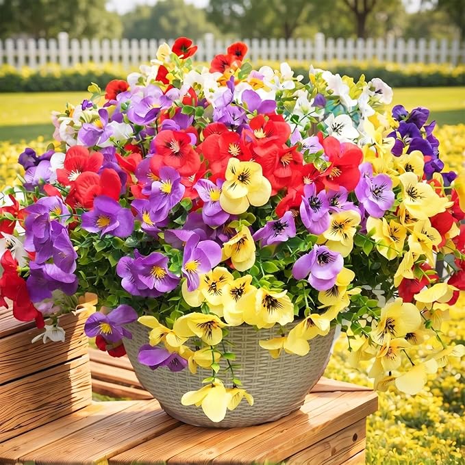 Artificial Flowers for Outdoor, UV Resistant Fake Silk Pansies Flowers, Realistic Faux Plants for Outside Indoor Porch Patio Window Box Planter Home Decor (16, Yellow Purple White Red)