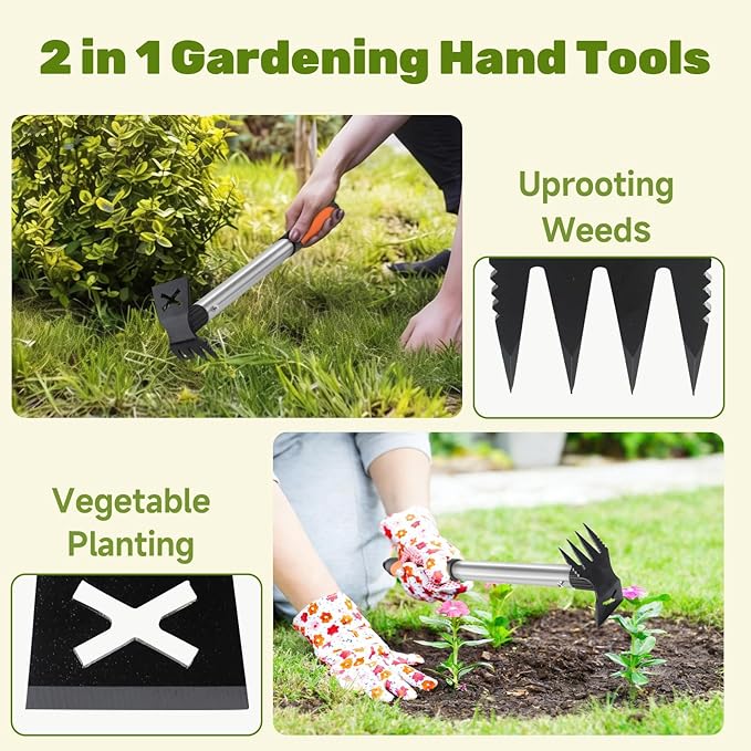 NICOFPHY Weed Puller Tool 2 Pack, 2 in 1 Manual Weeding Rake and Garden Hoe, 17" Uprooting Weeder Remover Tool for Yard Lawn Patio and Garden, Portable Gardening Hand Tools for Veggies Flower Planting