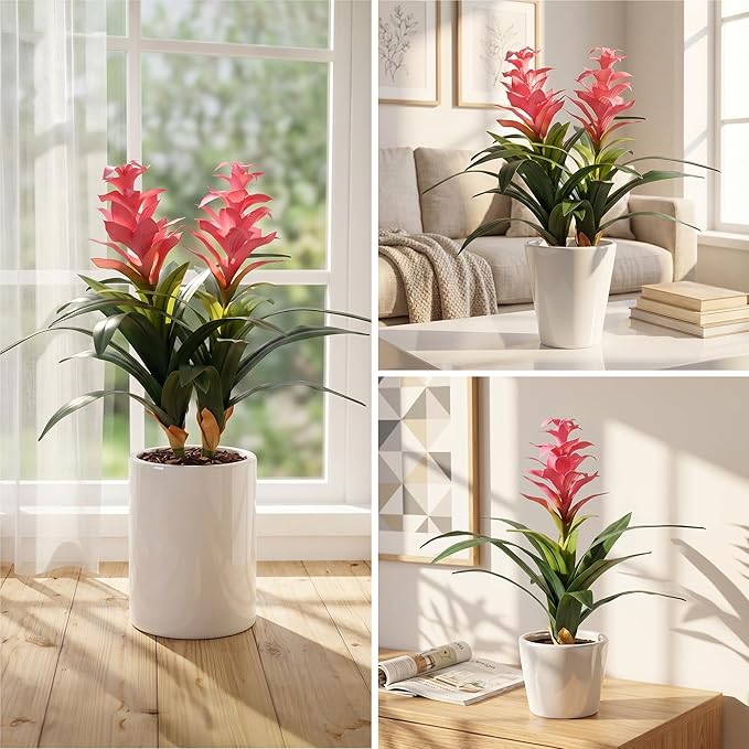 Ivydale Fake Flowers Plants for Outdoors, 2 Pcs 16.93" Bromeliad Artificial Flowers Uv Resistant Realistic Faux Flowers for Outdoor Planters Outside Porch Patio Yard Garden Indoor Decoration(Pink)