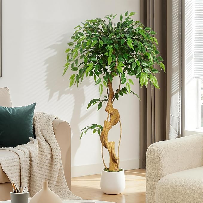4ft Large Ficus Artificial Trees in White Pot, 48" Tall Fake Silk Tree with Natural Curved Trunk, Lush Faux Ficus Tree for Indoor Home Decor, Living Room, Office & Patio