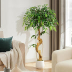4ft Large Ficus Artificial Trees in White Pot, 48" Tall Fake Silk Tree with Natural Curved Trunk, Lush Faux Ficus Tree for Indoor Home Decor, Living Room, Office & Patio