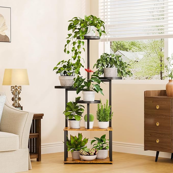 Plant Stand 6 Tier Indoor Metal Plant Shelf for Multiple Plants Corner Tall Flower Holders for Living Room Bedroom Patio Balcony, Black (6 Tier-Extra Large-Black+Rustic Brown)