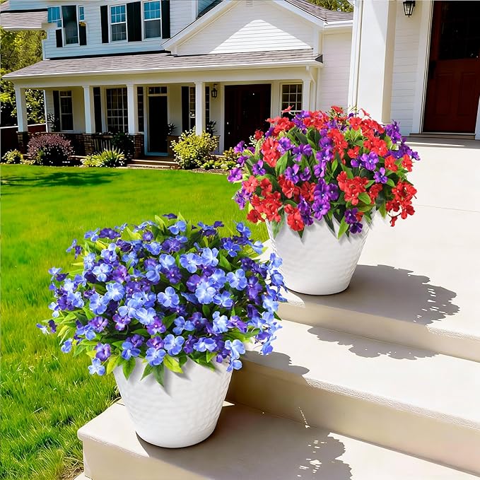 Artificial Impatiens Flowers for Outdoors, 6 Bundles Silk Fake Flowers for Spring Summer Decoration, UV Resistant Faux Plants Plastic Bouquet for Home Planter Porch Patio Yard Decor(Double Blue)