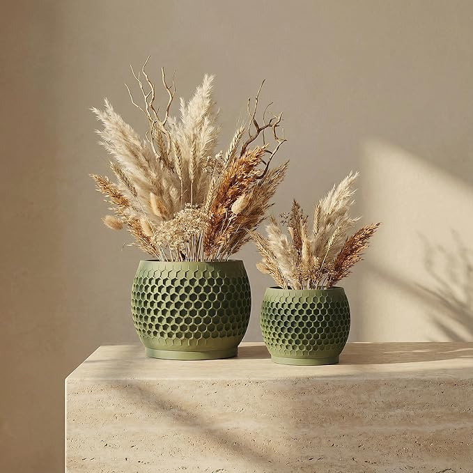 Plant Pots, Modern 3D Printed Honeycomb Planters for Indoor Plants, 4.7/6 Inch Military Green Decorative Flower Pot for Office Desktop, Bookshelf & Home Decor, Lightweight & Durable.