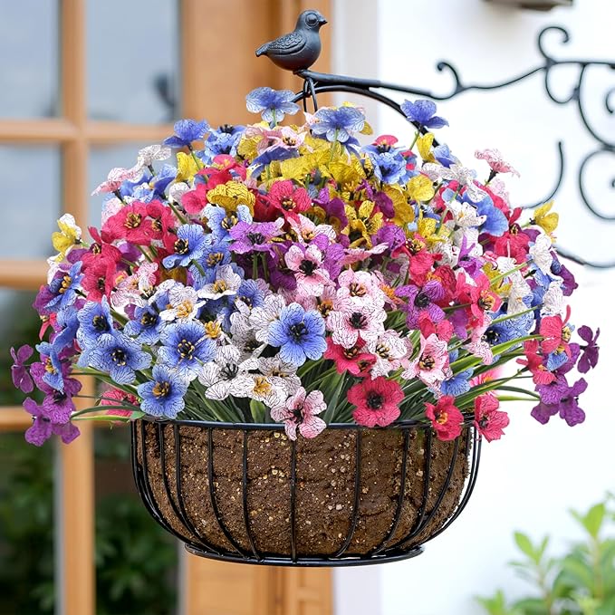Bassion 24 Bundles Artificial Flowers for Outdoors Decoration, UV Resistant Mixed Color Silk Fake Faux Flowers Artificial Plants for Hanging Basket Outside Window Box Porch Garden Home Decor