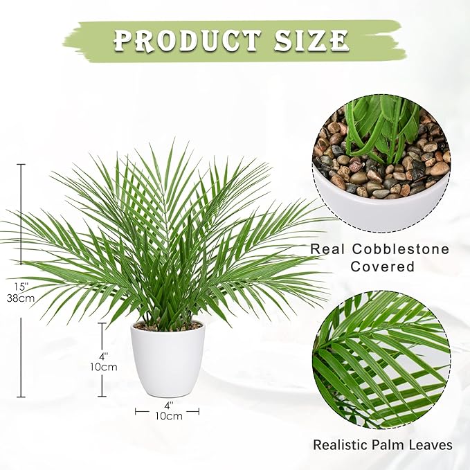 Briful Fake Plant 15’’ Artificial Palm Plant in White Pot Real Touch Faux Tropical Palm Tree Houseplant for Home Indoor Living Room Tabletop Balcony Decorations