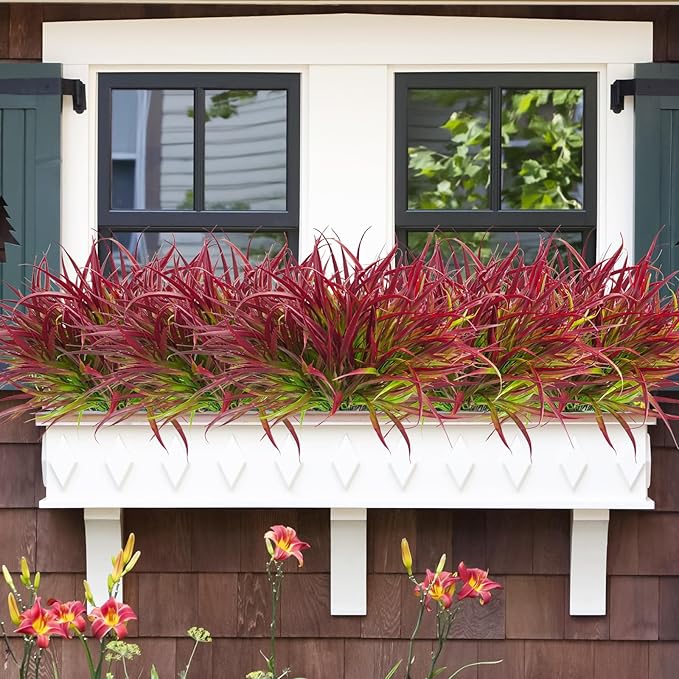 Uieke 12 Bundles Artificial Outdoor Plants UV Resistant Fake Grass Plants Faux Plastic Plants Greenery Shrubs for Home Garden Pathway Window Box Front Porch Spring Summer Decor, Deep Red