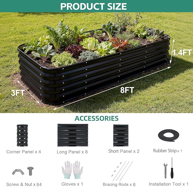 5 in 1Galvanized Raised Garden Bed - 8x3x1.4ft Modular Garden Planter Bed Outdoor | Steel Raised Bed Kit with Bracing Rods, Gloves for Gardening Vegetables Fruits and Flowers (Gray)
