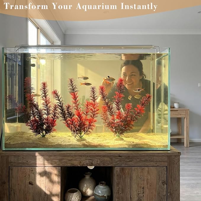 Artificial Plants – Tall Realistic Fish Tank Plants Decor with Stable Base, Safe Soft Leaves for Betta, Guppy, Shrimp & Tropical Fish, Natural Aquascape Decoration for Aquarium (3Pack-Red plants)