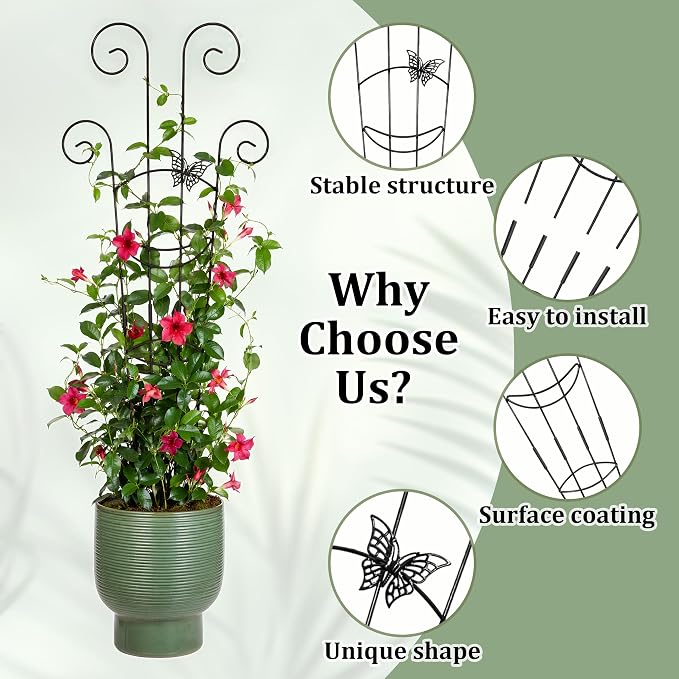 2 Pcs 30'' Monstera Plant Support Stakes, Metal Garden Trellis for Potted Plants Outdoor, Tall Expandable Houseplant Climber Trellis with Butterfly Design for Ivy Hoya Vin (Black)