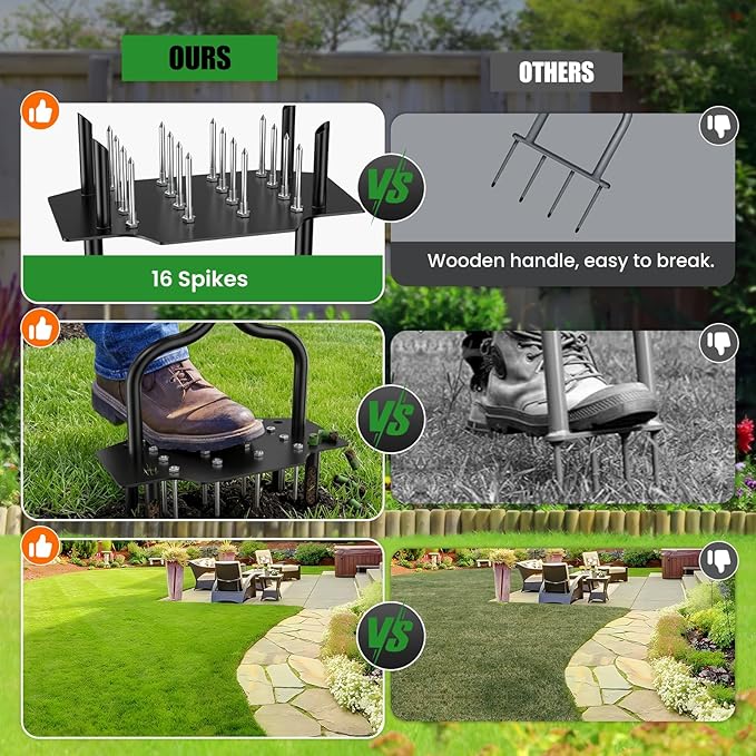 Luvenia Lawn Aerator Tool, 40 Inch Heavy Duty Manual Lawn Aerator, 16 Iron Spikes Metal & 4 Hollow Slots, Upgraded Exhaust Loosening 2-in-1,Garden Cleaning Hand Tool for Yard, Revives Lawn Health
