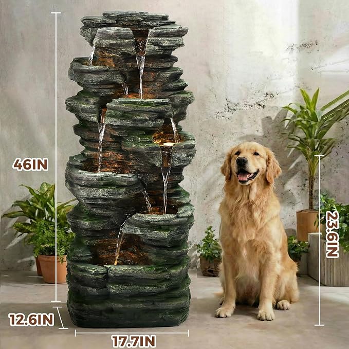 46" H Outdoor Water Fountain, 7-Tiers Cascading Rock Waterfall Fountain with 6 Warm LED Lights, Large Water Feature for Outdoor Indoor, Garden Water Fountain for Patio, Yark, Deck, Porch, Home Decor