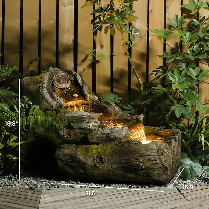 Sunlinua 31.5" L Outdoor Water Fountain with 3 Tiers Cascading Realistic Tree Trunk Waterfall Fountains with LED Lights Outdoor Water Fountain for Garden Patio Backyard Porch Home Decor