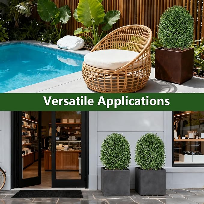 INSPRING 27'' Artificial Boxwood Topiary Trees Outdoor Fake Bushes Plants UV Resistant Evergreen Shrubs with Metal Ground Spike for Porch Patio Garden, 1 Pack