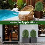 INSPRING 27'' Artificial Boxwood Topiary Trees Outdoor Fake Bushes Plants UV Resistant Evergreen Shrubs with Metal Ground Spike for Porch Patio Garden, 2 Pack