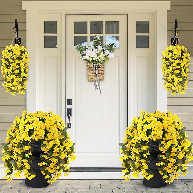 Sggvecsy Artificial Fake Hanging Flowers Plants for Outdoor Outside Spring Summer Decoration 4PCS Faux Silk UV Resistant Realistic Morning Glory Trailing Vines for Home Porch Patio Balcony(Yellow)