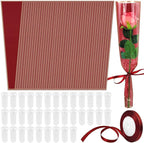 Flower Packaging Kit, 100 Flower Wrapping Bag Single Rose Sleeve 100 Floral Water Tubes 72ft Ribbon Single Flower Packaging Bags for Wedding Mother's Day Florist Birthday Flower Wrapping (Red)