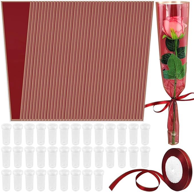 Flower Packaging Kit, 100 Flower Wrapping Bag Single Rose Sleeve 100 Floral Water Tubes 72ft Ribbon Single Flower Packaging Bags for Wedding Mother's Day Florist Birthday Flower Wrapping (Red)