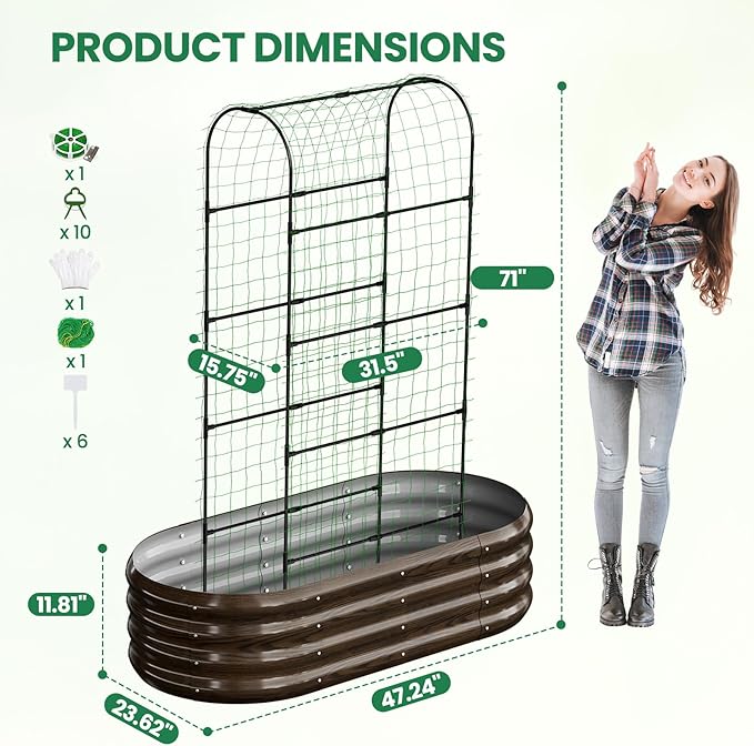 SUNYRISY Galvanized Raised Garden Bed with 71in Arch Trellis for Climbing Plants, Outdoor Planter Box with Climbing Net for Gardening Flowers Vegetables Fruits Herbs, Wood Grain