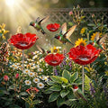 24" Handmade Metal Flower Garden Stake Bird Bath - Detachable Anti-Slip Bee Watering Station & Butterfly Puddler - Rustic Outdoor Art, Garden Gift for Bird Watchers, Mom & Seniors (Red 4pcs)