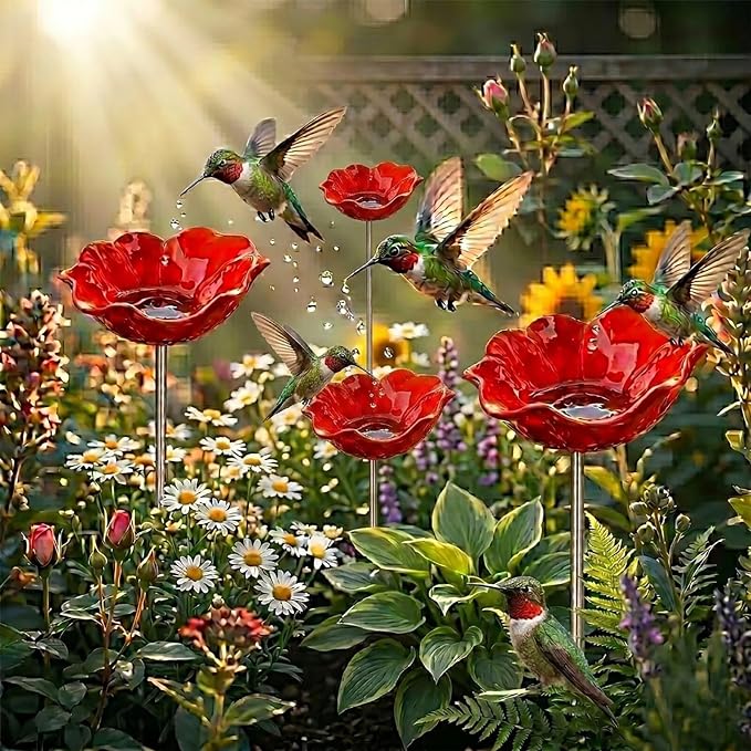 24" Handmade Metal Flower Garden Stake Bird Bath - Detachable Anti-Slip Bee Watering Station & Butterfly Puddler - Rustic Outdoor Art, Garden Gift for Bird Watchers, Mom & Seniors (Red 4pcs)