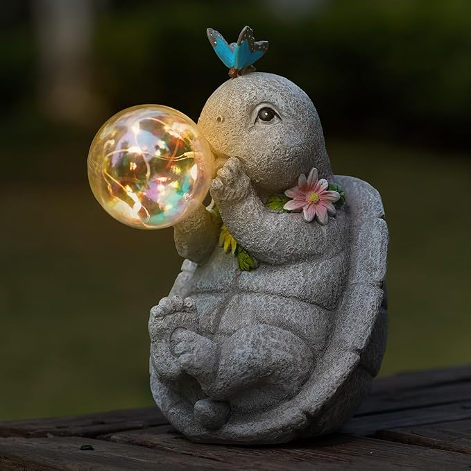 Solar Turtle Statues Garden Decor with Bubble LED Light, Outdoor Tortoise Statue Resin for Patio, Lawn, Yard Gift for Mother's Day, Birthday, Housewarming
