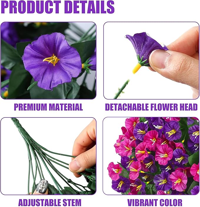 Artificial Fake Hanging Flowers Plants for Outdoor Outside Spring Summer Decoration 2PCS Faux Silk UV Resistant Realistic Morning Glory Trailing Vines for Home Porch Patio Balcony(Purple & Magenta)