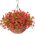 HyeFlora Artificial Fake Hanging Red Plants Flowers Basket for Outdoor, Faux Silk Daisy Mums Look Real UV Resistant for Outside Porch Home Patio Garden Yard Decoration