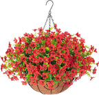 HyeFlora Artificial Fake Hanging Red Plants Flowers Basket for Outdoor, Faux Silk Daisy Mums Look Real UV Resistant for Outside Porch Home Patio Garden Yard Decoration