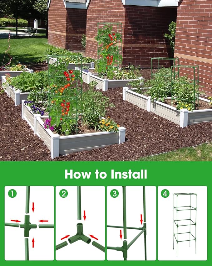 MYMULIKE 6 Pack Tomato Cage, Square Tomato Cages for Garden, Plant Trellis for Pots, Raised Garden Bed, Plant Support Stakes- 20 Clips Included