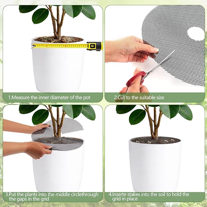 YBB 12 Pcs Plant Pot Grids, 11.8 Inch & 15.7Inch Cuttable Plant Pot Soil Covers Guard Protectors from Cats, Animals Digging Stooper for Indoor Outdoor Garden Potted Plants with 30 Stakes